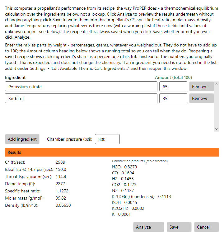 BurnSim's Ingredients dialog: a potassium nitrate and sorbitol recipe analyzed into C*, specific heat ratio, flame temperature, molar mass and combustion products.